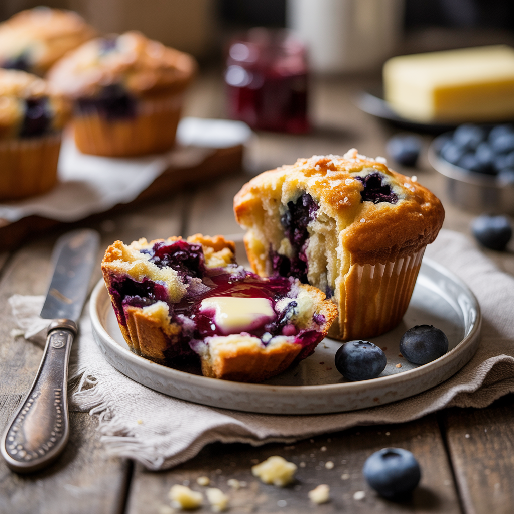 Forum avatar/profile photo: close-up of a split blueberry muffin with melting butter on a plate, fresh blueberries and blurred muffins in the background.