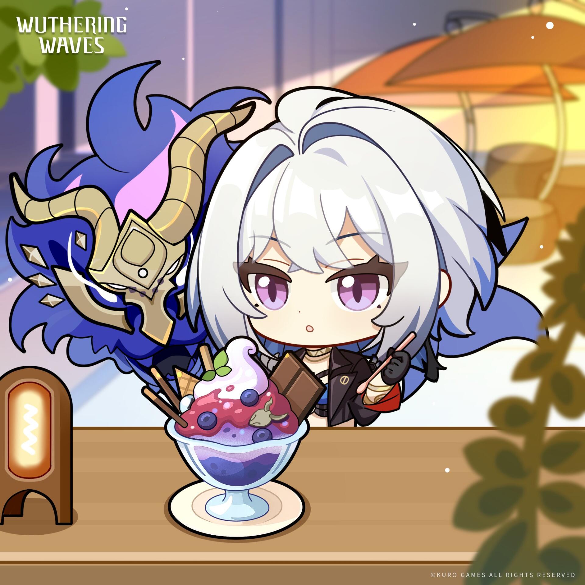 Chibi Jinhsi from video game Wuthering Waves as a forum avatar/pfp: white-haired, purple-eyed character with a blue horned companion, happily sharing a colorful sundae.