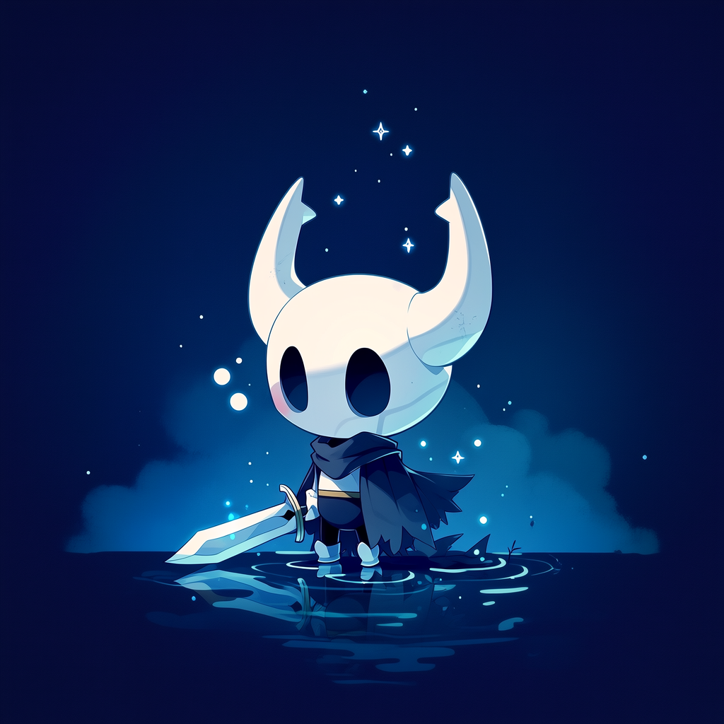 Stylized Hollow Knight game art forum avatar/pfp: small horned knight in cloak with nail sword standing in reflective water beneath a starry blue backdrop.