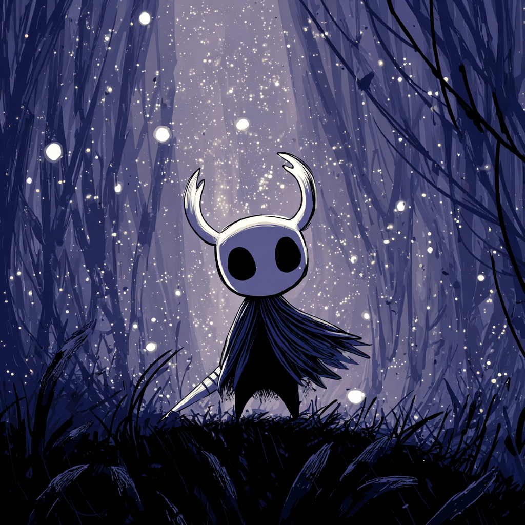 Stylized Hollow Knight character standing in a snowy, moonlit forest, rendered as a video game forum avatar/pfp.