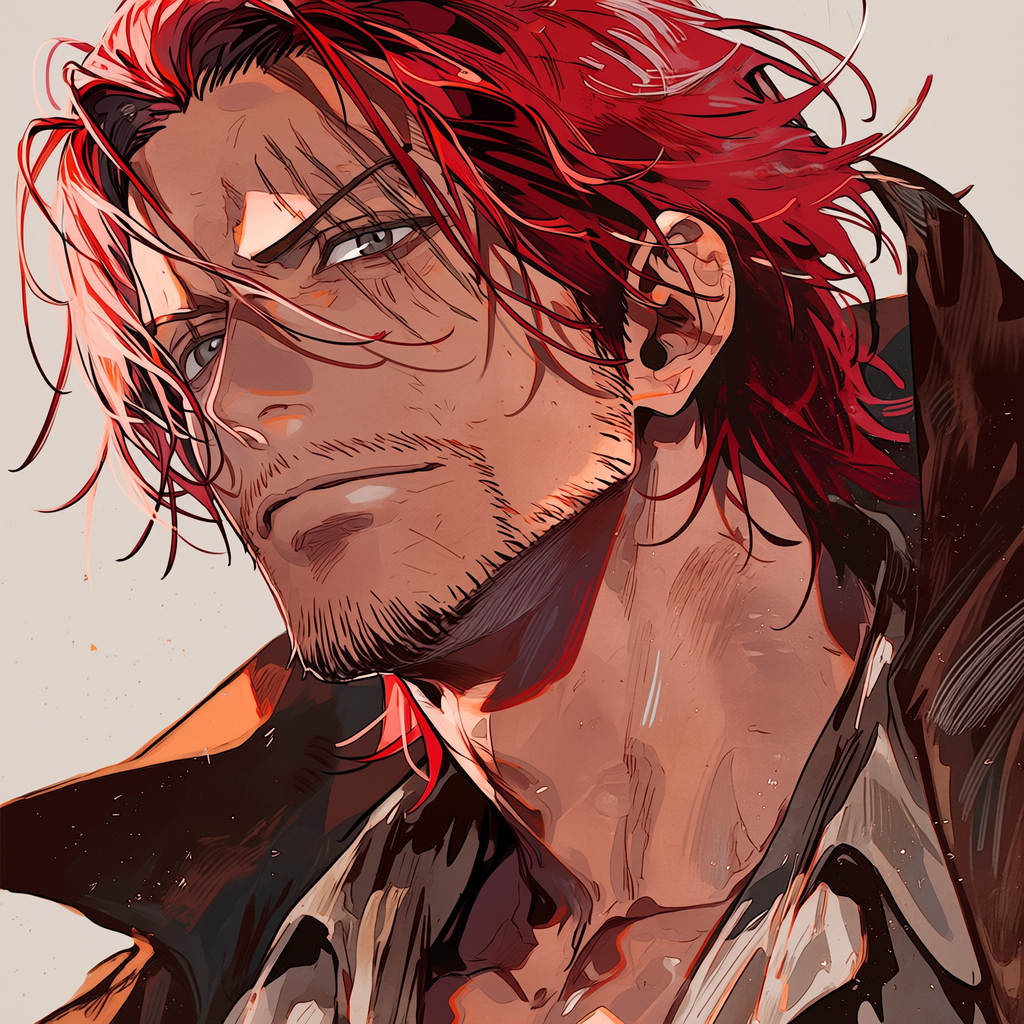 Anime-style forum avatar of Shanks (One Piece): close-up of red-haired captain with rugged stubble, confident smirk and wind-tousled hair, wearing a dark coat.
