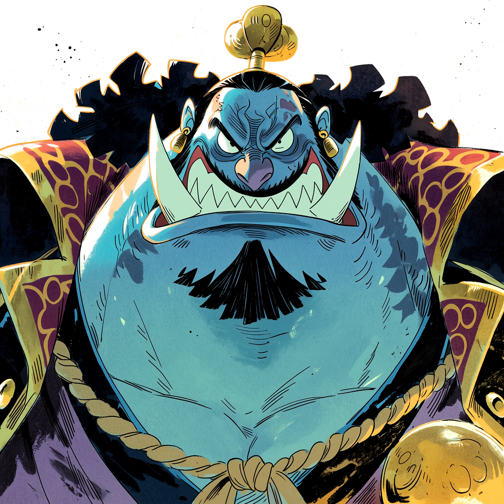 Anime forum avatar of Jinbe from One Piece — blue-skinned fish-man with tusks, topknot, ornate armor and a stern expression.