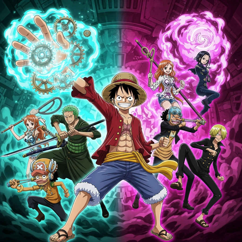 One Piece forum avatar/pfp: Luffy and the Straw Hat crew strike dynamic poses amid swirling teal and purple energy, with Luffy front and center wearing his straw hat.