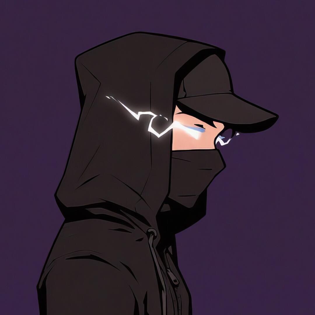 Forum/TikTok avatar of a masked boy in a black hoodie and cap, side profile with neon-glowing glasses against a purple background.