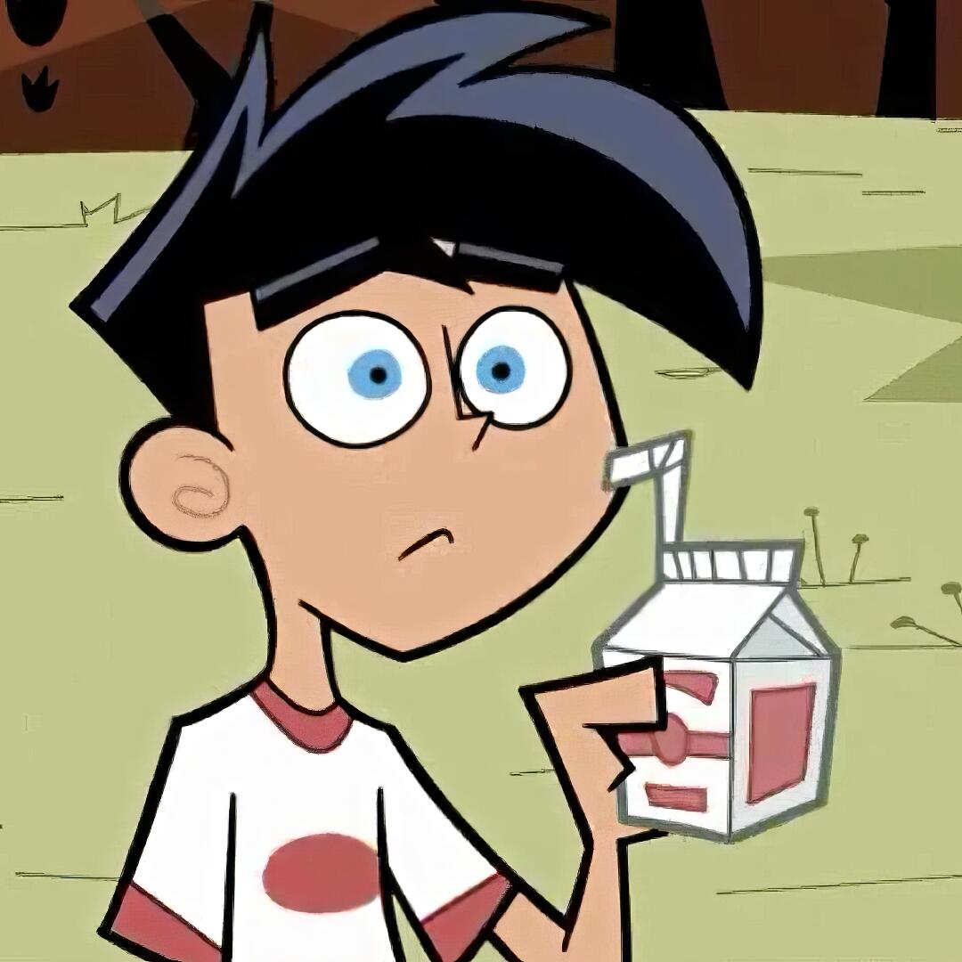 TikTok forum avatar: Danny Phantom-style boy with wide eyes sipping milk from a carton.