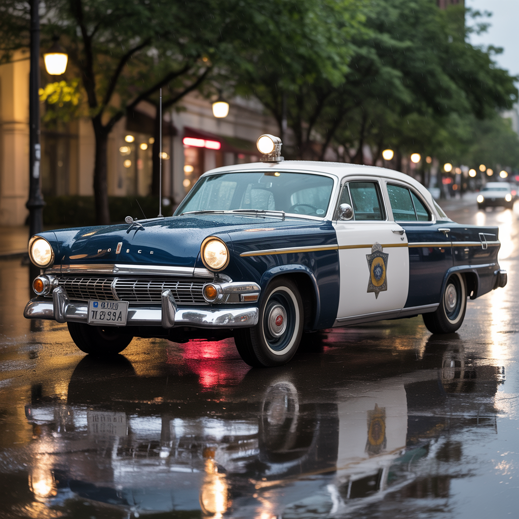 Vintage police cruiser on a rain‑slick city street at dusk, headlights and streetlights reflecting on the pavement — forum avatar/profile photo.