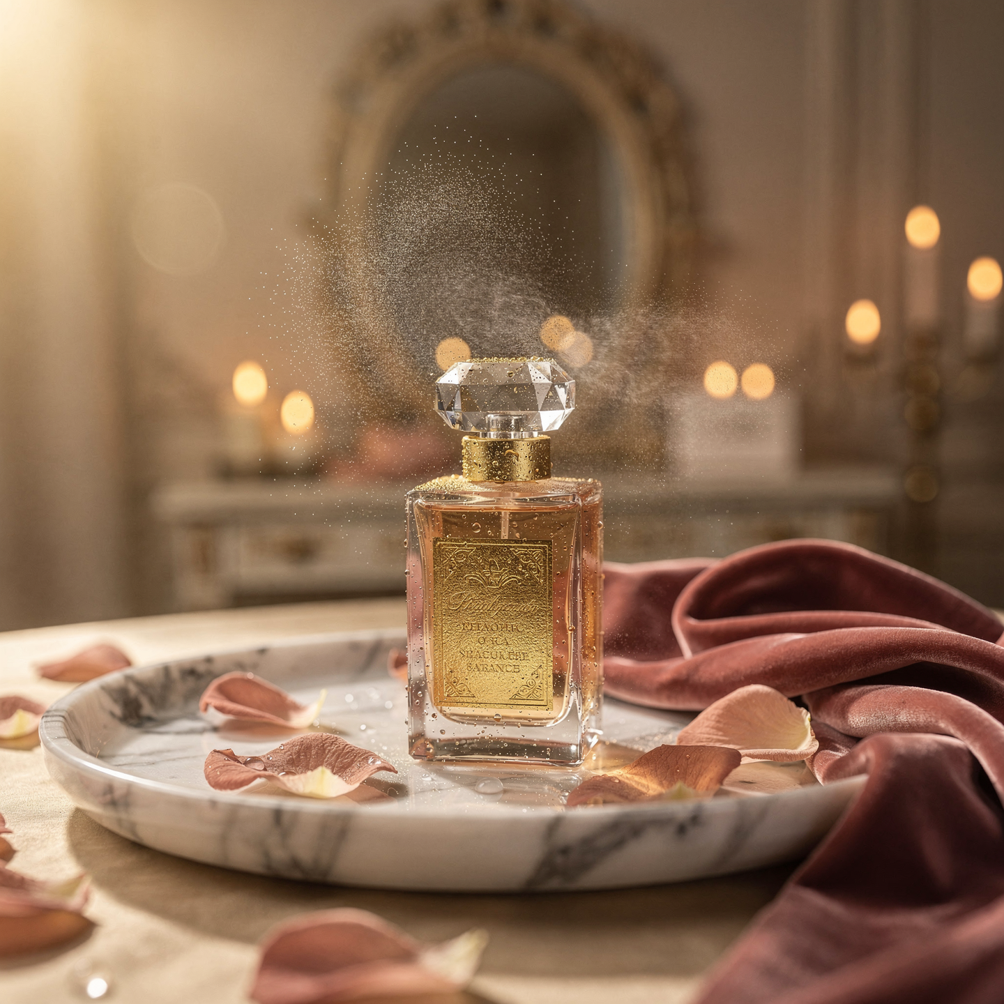 Forum avatar/pfp: elegant glass perfume bottle on a marble tray with scattered rose petals and warm, candlelit vanity bokeh.