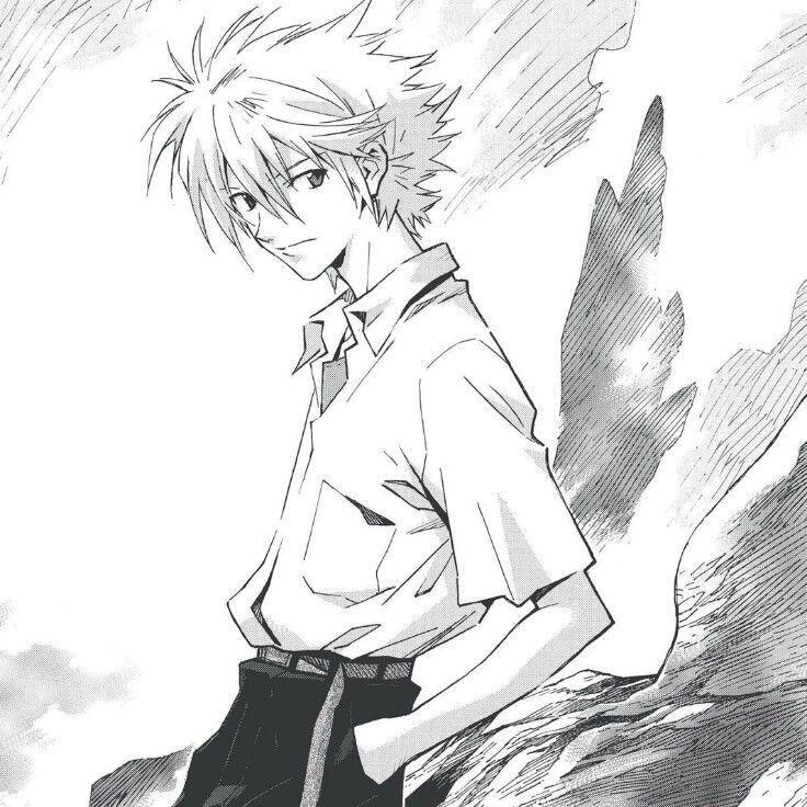Manga-style black-and-white forum avatar of Kaworu Nagisa (Neon Genesis Evangelion), hands in pockets, soft gaze and faint, sketchy wing-like background.