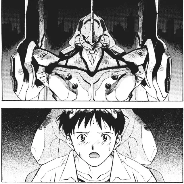 Manga Neon Genesis Evangelion forum avatar/pfp: Evangelion Unit-01 towering over shocked Shinji Ikari in a two-panel black-and-white square image.