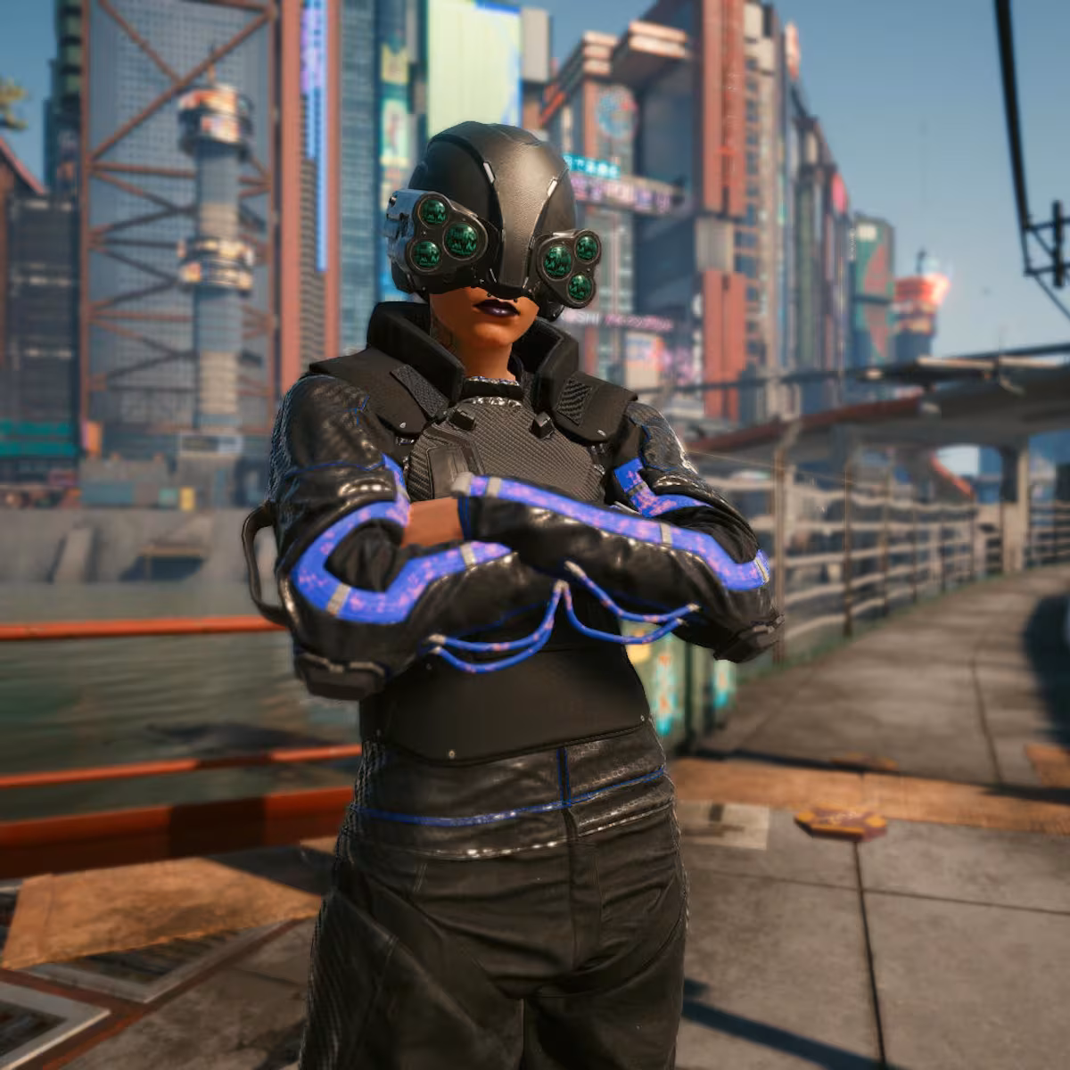 Cyberpunk 2077 forum avatar: armored character in a black coat with glowing blue accents and an insect-like green visor, arms crossed in front of a neon-soaked cityscape.