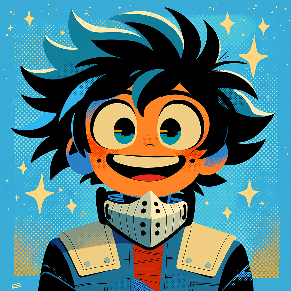 Cheerful blue-toned anime avatar of Izuku Midoriya (My Hero Academia) smiling with wide eyes and a starry background.