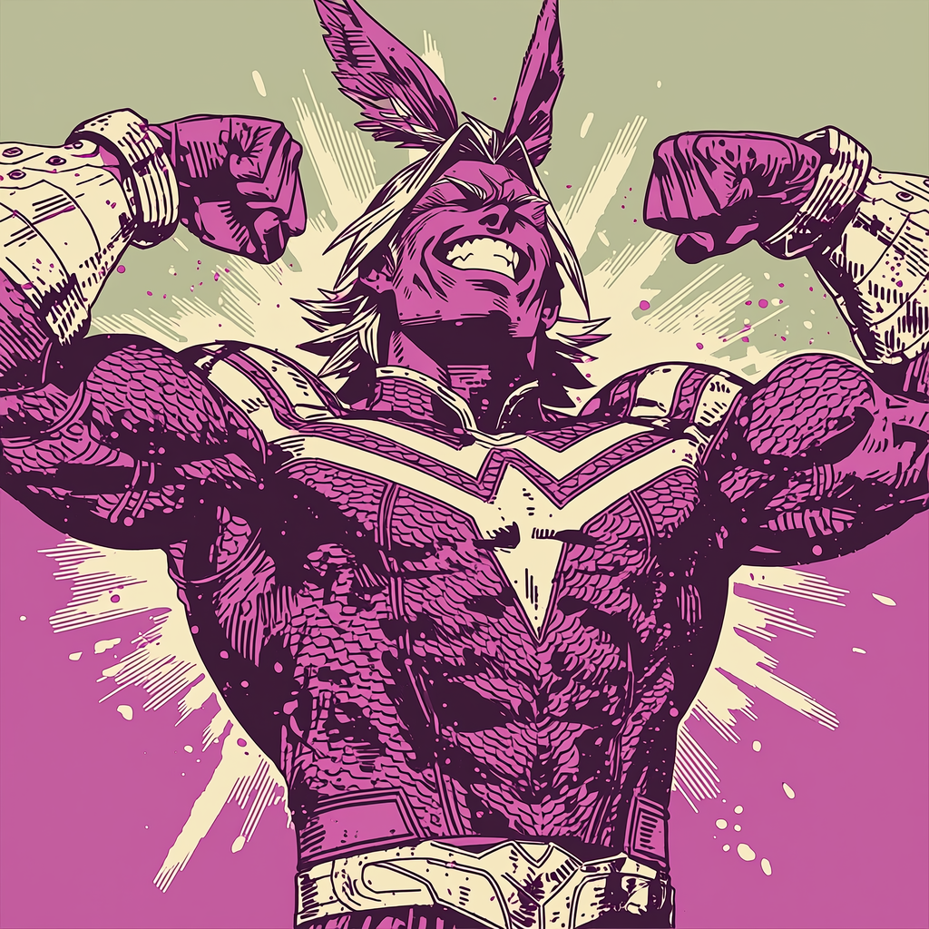 PFP/forum avatar of All Might (My Hero Academia) portrayed as a chad, flexing huge muscles and beaming triumphantly in a bold purple-and-beige comic-style illustration.
