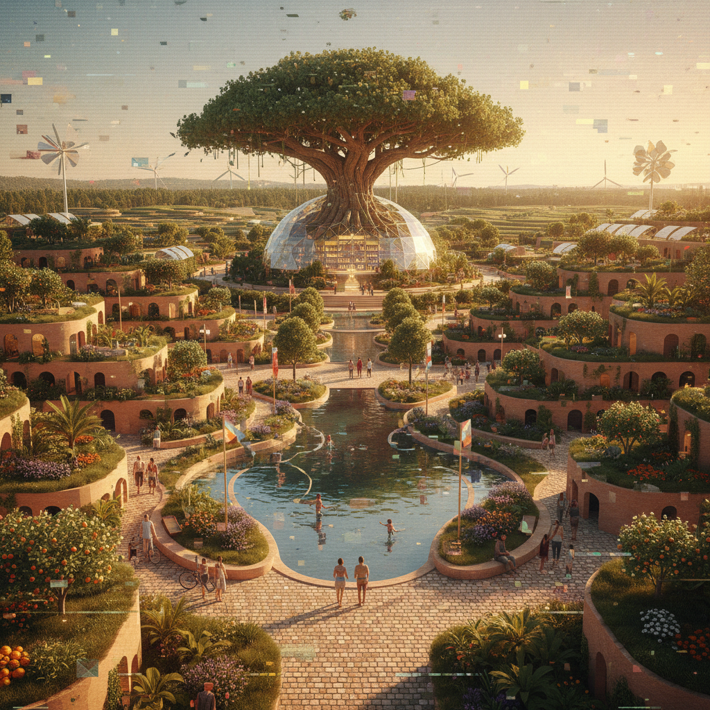 Forum avatar/pfp showing a utopia: terraced garden city with a glass dome anchored by a massive tree, winding pools and walkways under a golden sky.