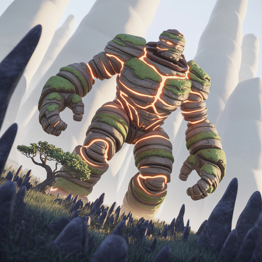 Forum avatar of a moss-covered stone golem with glowing orange veins, towering in a misty, otherworldly landscape.