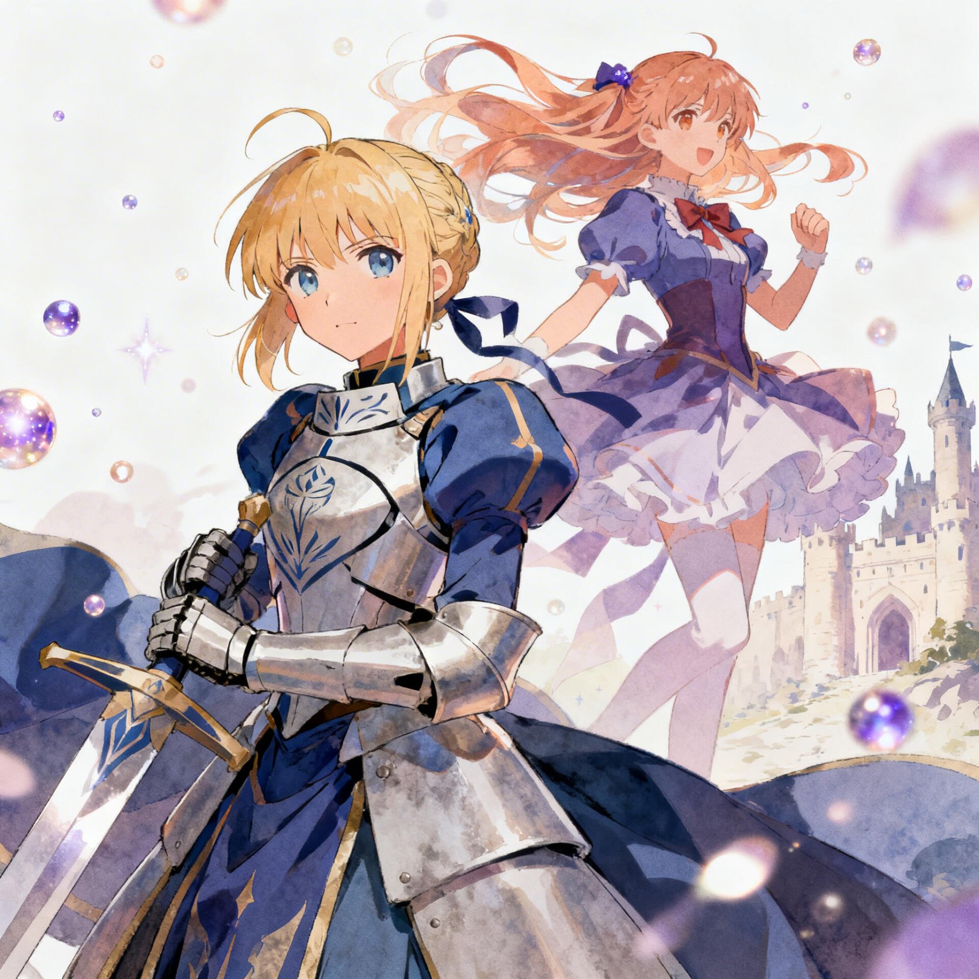 Forum avatar/pfp/profile photo from Fate (Series): armored blonde knight in blue plate holding a sword in the foreground, pink‑haired girl in a frilly dress and a distant castle in pastel tones.