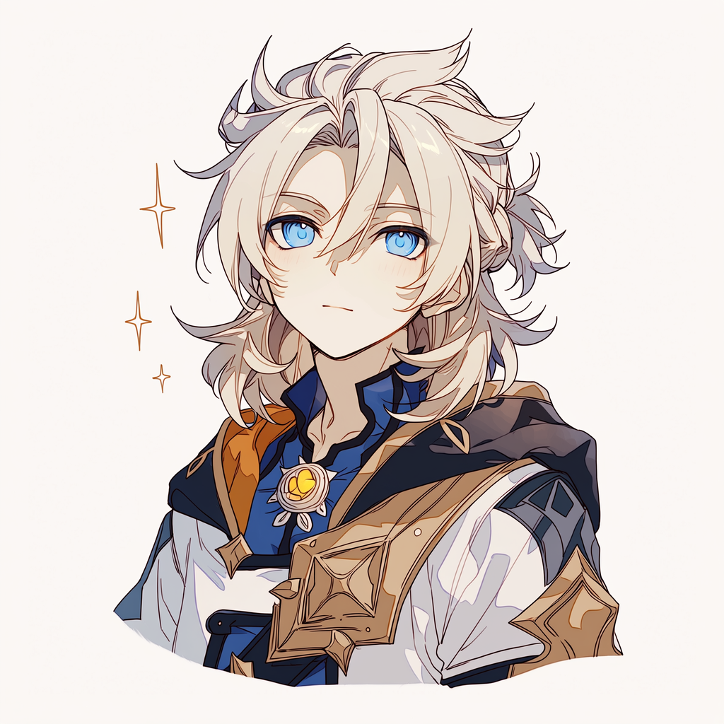 Profile avatar of Albedo (Genshin Impact): blonde, tousled hair and blue eyes, wearing a white-and-blue alchemist outfit with a star-shaped brooch.