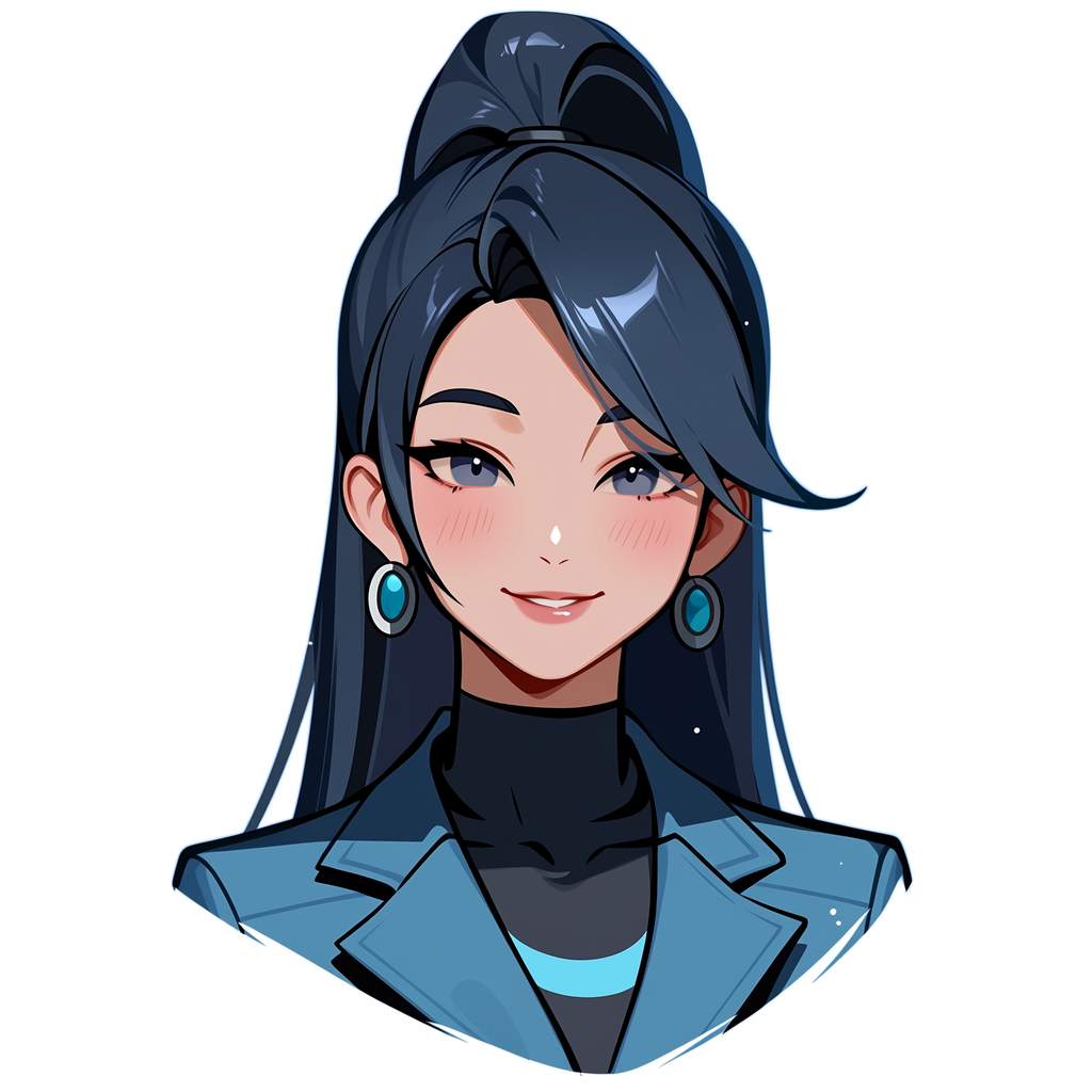 Profile avatar of Sage (Valorant, FPS): stylized smiling woman with long dark hair, teal earrings and blue blazer on a white background.