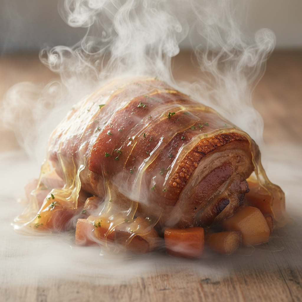 Steaming glazed roasted pork roll on diced root vegetables, shown as a forum avatar/pfp.