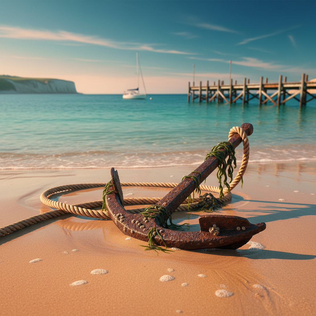 Forum avatar: weathered anchor and coiled rope resting on a sunlit sandy beach, turquoise sea with a wooden pier and sailboat on the horizon.