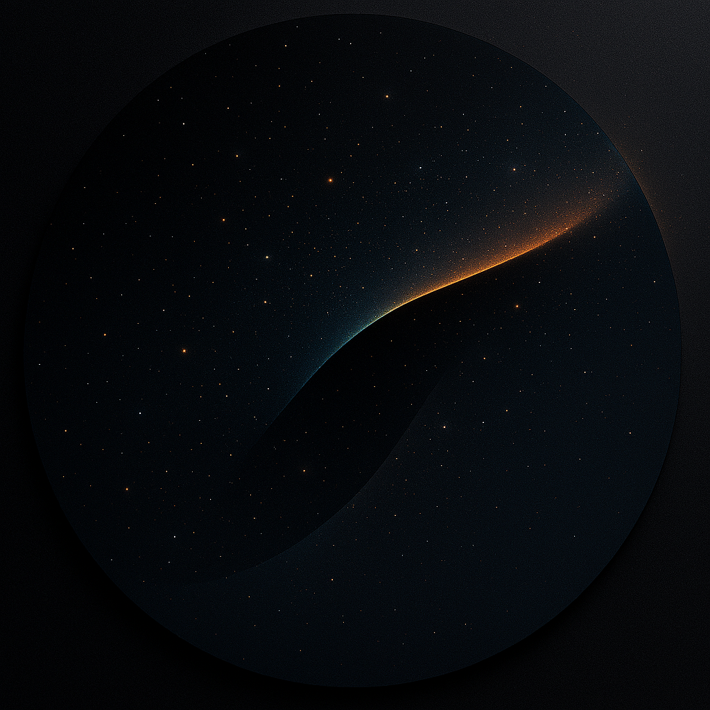 Circular forum avatar/pfp — dark cosmic abstract: a thin glowing orange arc slicing across a starlit black field.