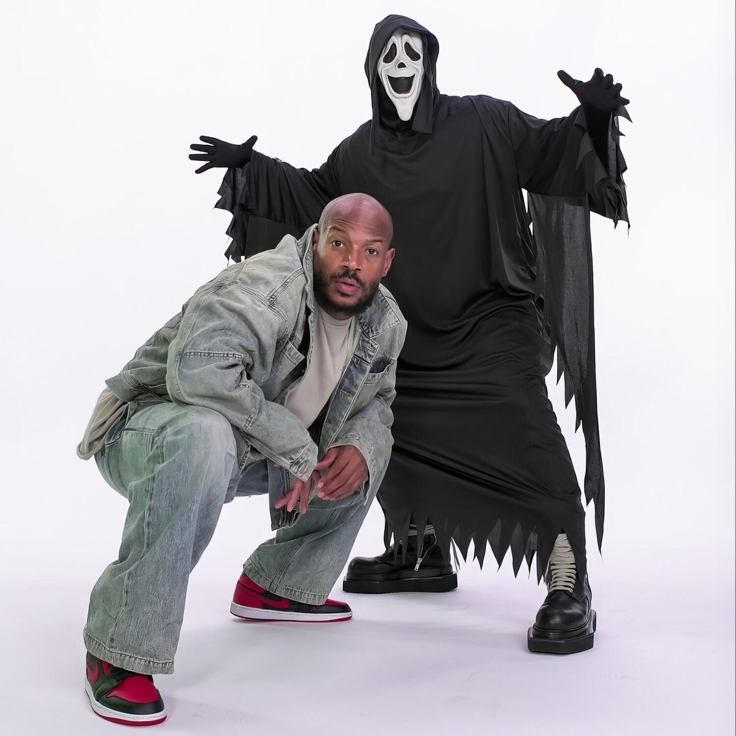 Forum avatar of a man in denim crouching beside a hooded, Ghostface-like figure, styled like promotional art for Scary Movie 6.