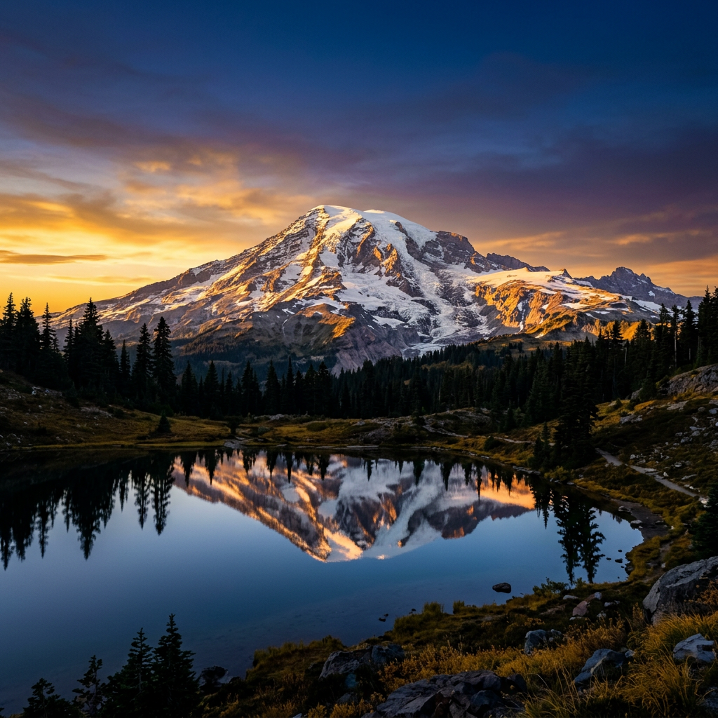 Profile avatar of Mount Rainier at sunset, snow-capped peak mirrored in a calm alpine lake, framed by silhouetted trees.
