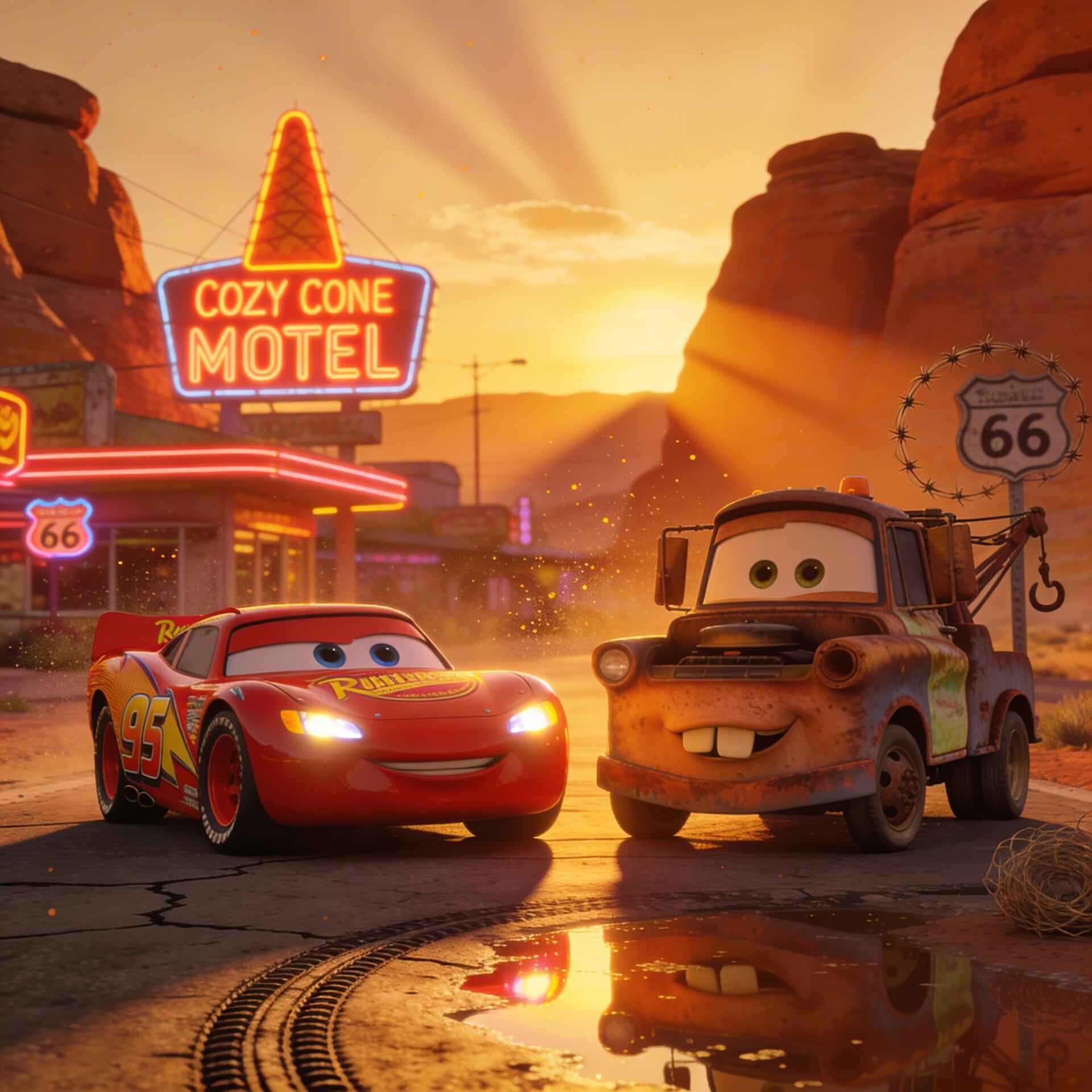 Forum avatar/pfp featuring Pixar's Cars characters Lightning McQueen and Tow Mater parked by the Cozy Cone Motel at sunset, smiling in warm desert light.