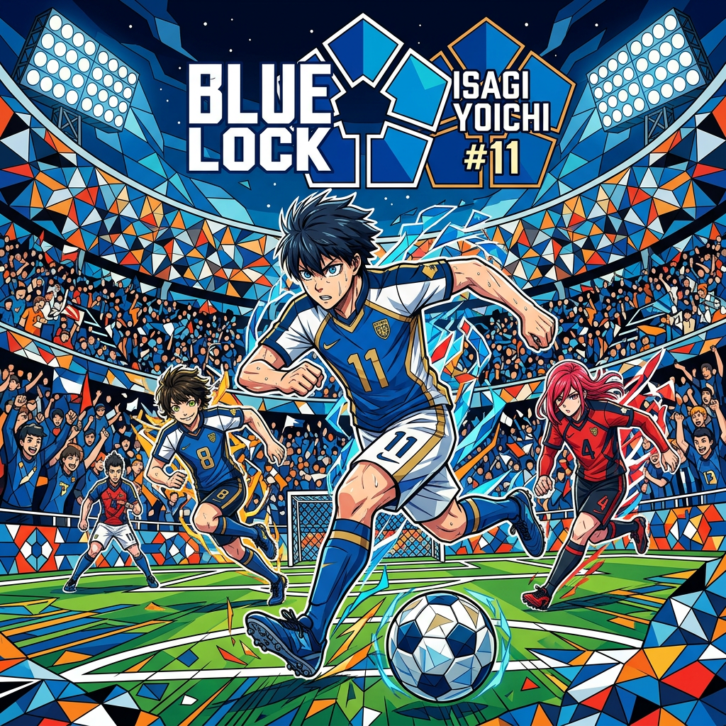 Blue Lock cover-style forum avatar/pfp: Isagi Yoichi (#11) sprinting with a soccer ball through a colorful, packed stadium crowd.