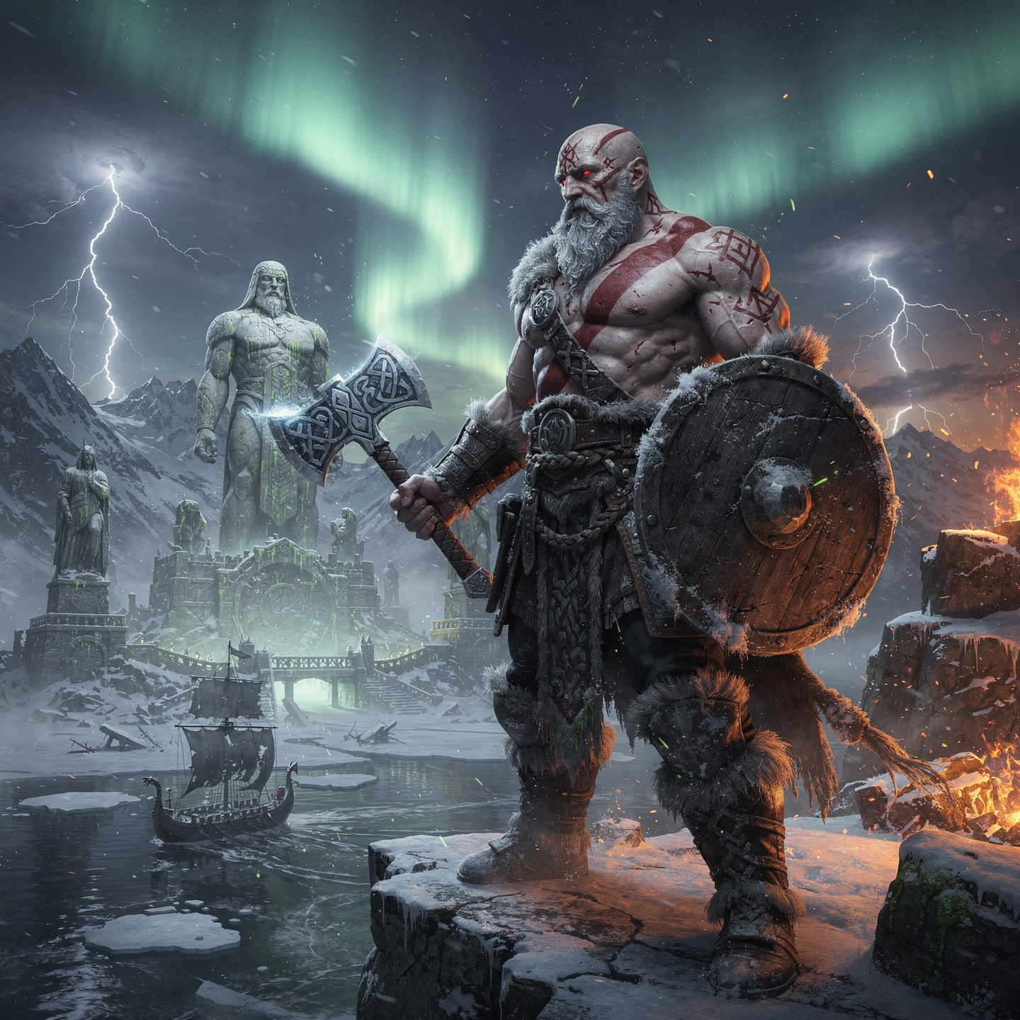 Forum avatar/pfp: Kratos (God of War) on an icy cliff, axe and shield in hand, northern lights and stormy statues looming behind.