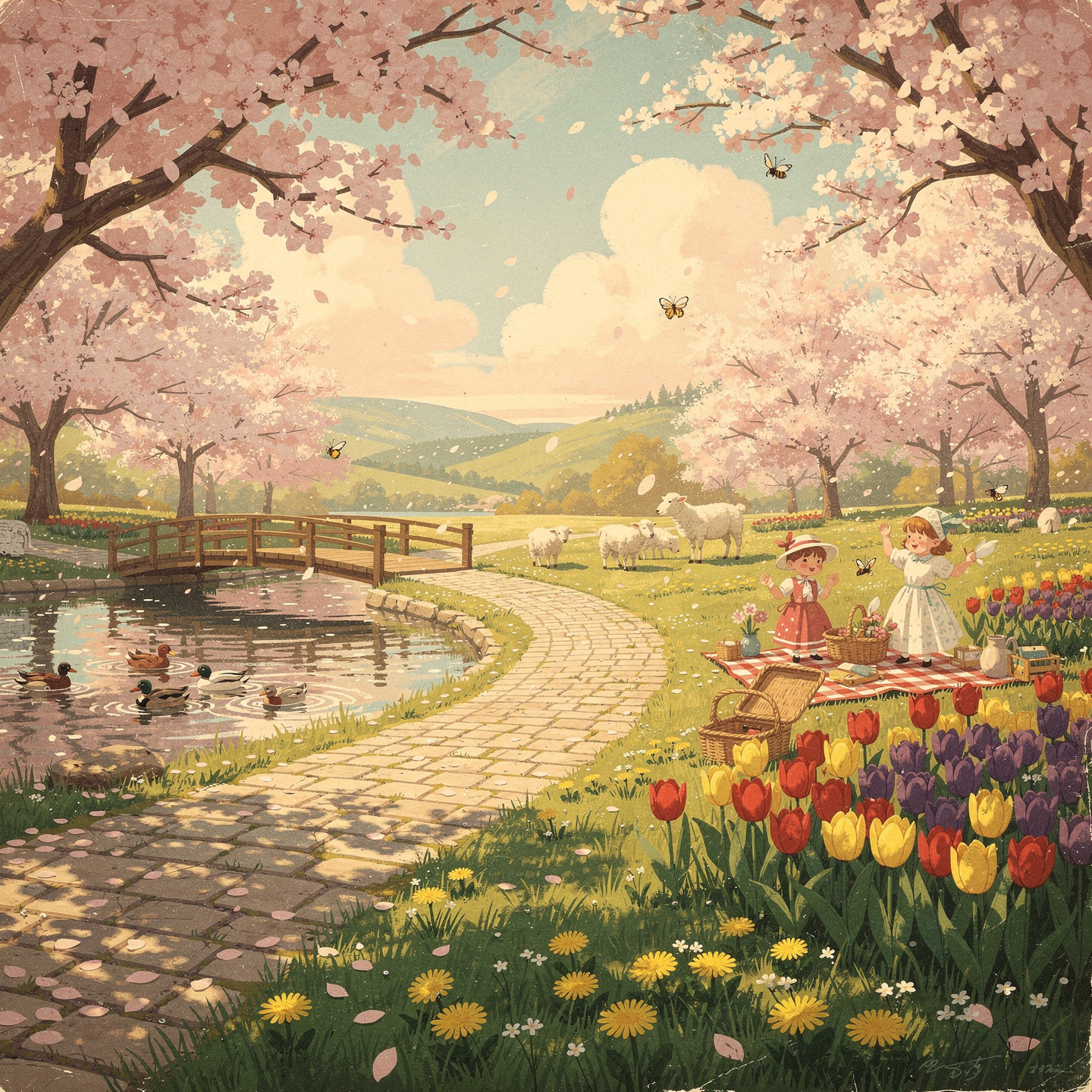 Spring-themed forum avatar/pfp: pastel park with cherry blossoms, tulip beds, a pond, wooden bridge and children picnicking.