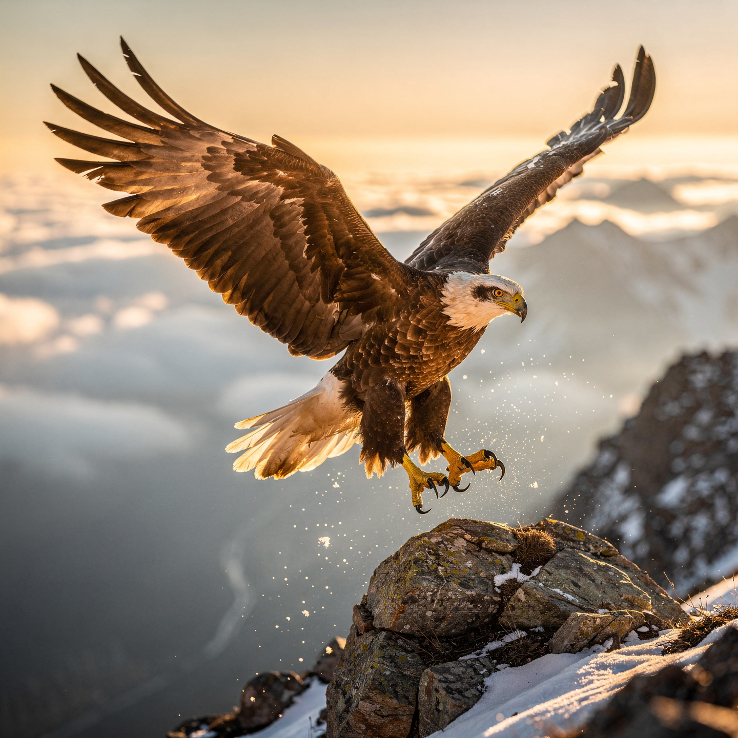 Golden eagle landing on a snowy mountain peak at sunset, wings outstretched — forum avatar/profile photo.