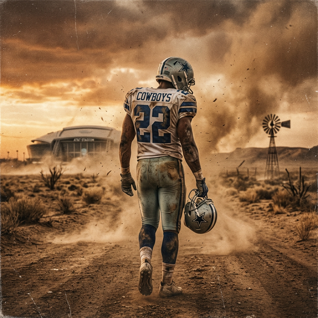 Forum avatar of a Dallas Cowboys player in a #22 jersey, helmet in hand, walking through a dusty desert toward a distant stadium and windmill.
