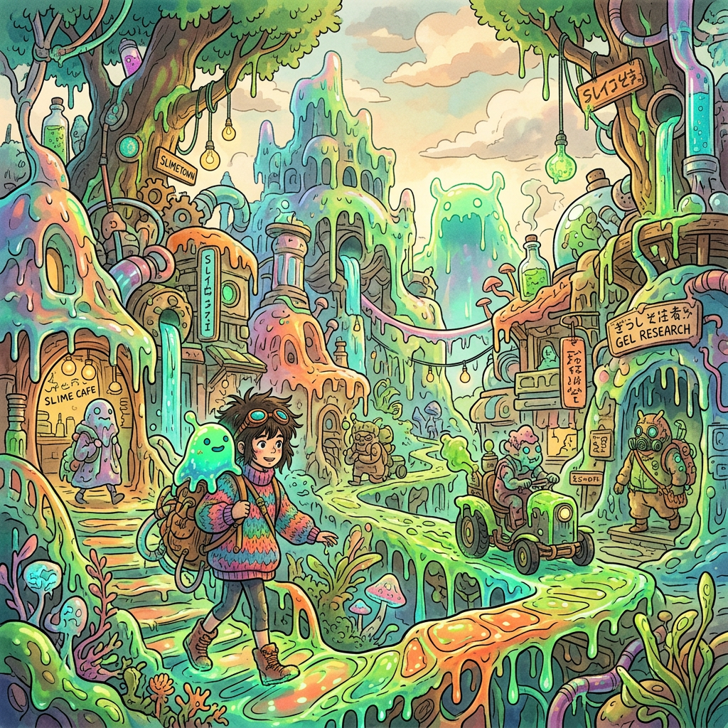 Vibrant slime-covered fantasy street with a backpacked traveler and a small jelly companion amid neon pastel buildings and market stalls — forum avatar/pfp/profile photo.