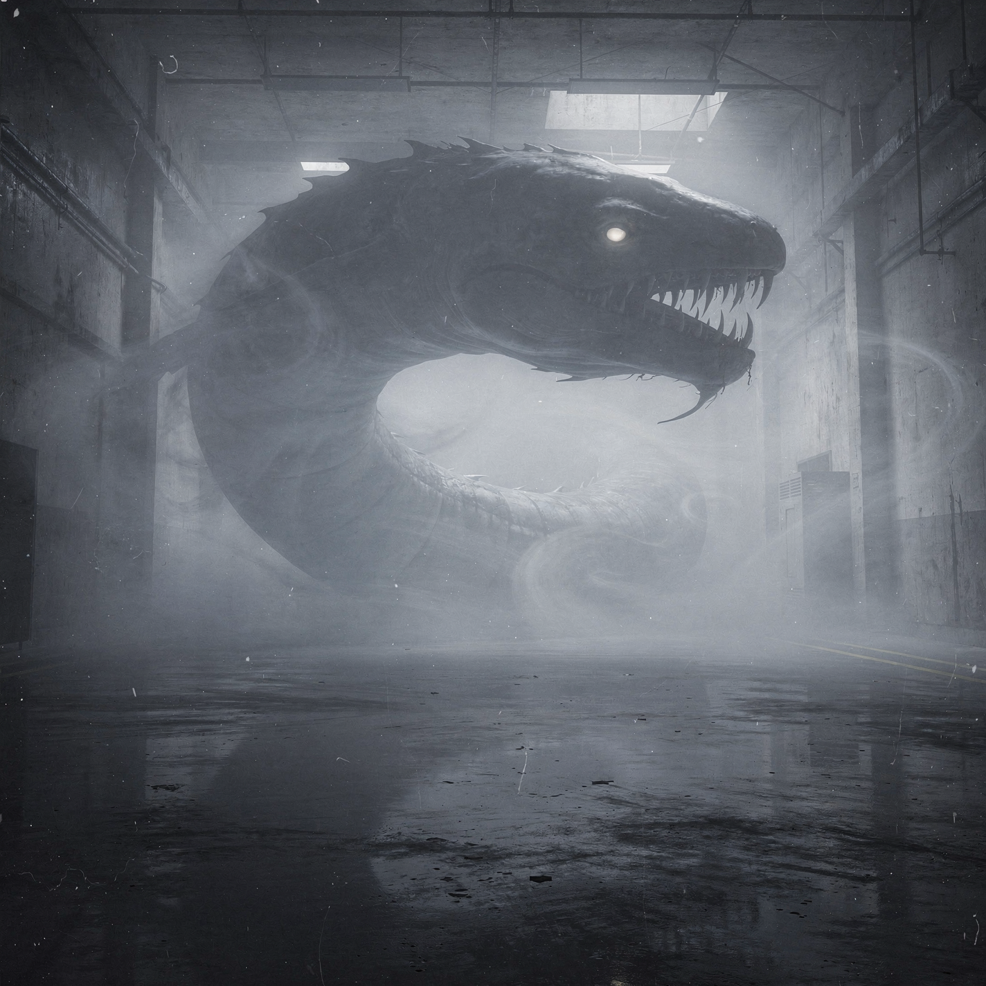 Forum avatar: shadowy leviathan head with a glowing eye and serrated teeth looming in a fog-filled industrial space — stark monochrome pfp.