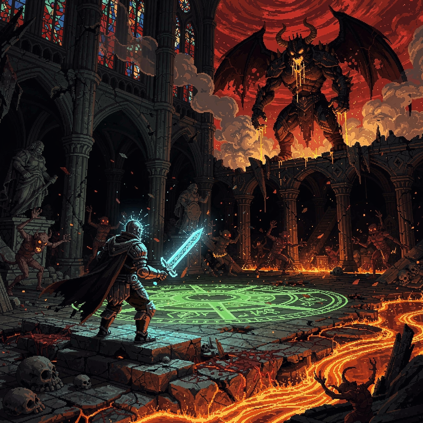 Diablo-themed forum avatar: armored hero with glowing sword confronts massive horned demon above a burning cathedral, lava rivers and a glowing arcane sigil.