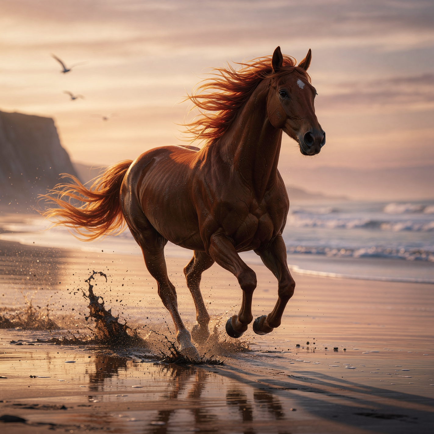 Forum avatar of a chestnut mare galloping along a sunlit beach, mane and tail streaming, splashing shallow waves with seabirds and cliffs at sunset.