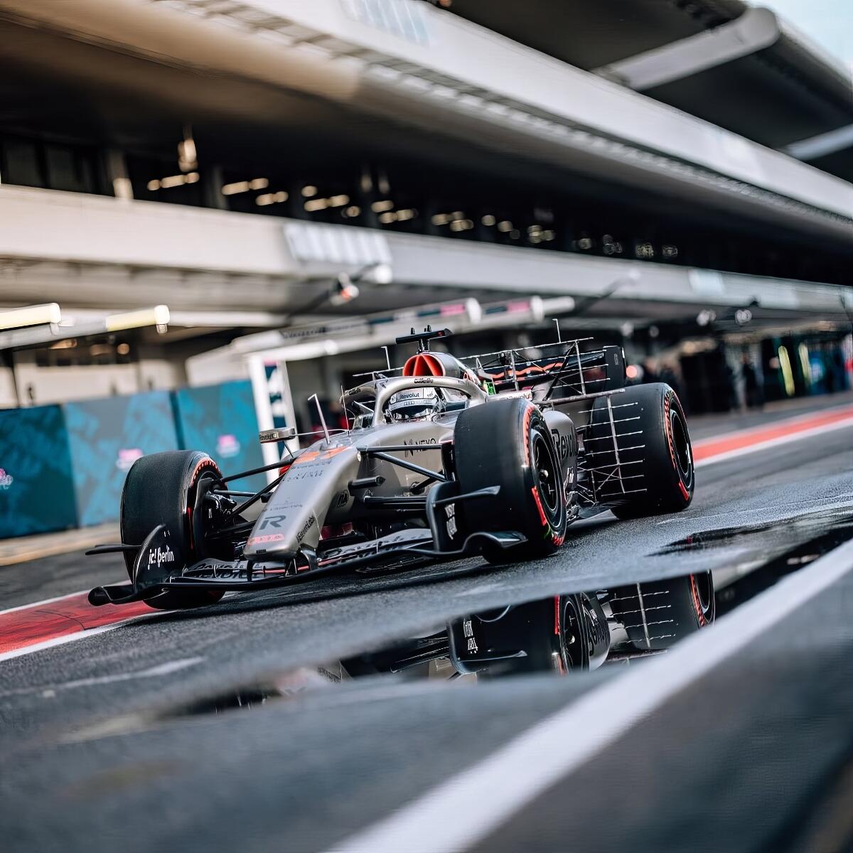Forum avatar: Audi F1 race car in the pit lane, low-angle shot with wet tarmac reflection.
