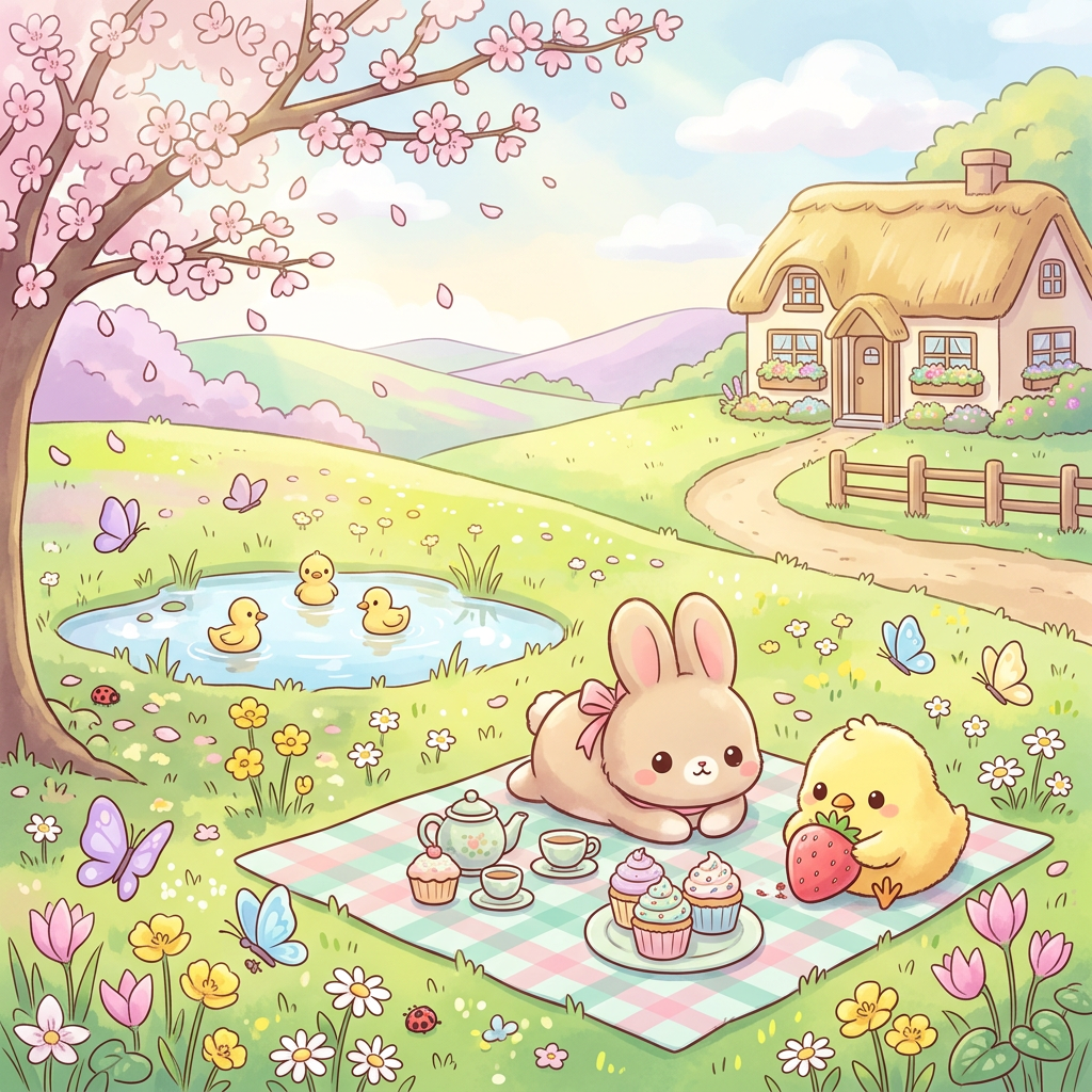 Cute spring forum avatar/pfp — pastel illustration of a bunny and chick sharing a picnic in a flowered meadow under cherry blossoms, with a pond, ducklings and a cozy cottage nearby.