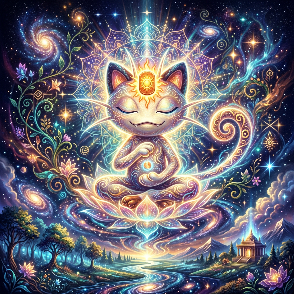 Glowing meditative Meowth (Pokémon) as a cosmic forum avatar/pfp — seated on a luminous lotus amid swirling galaxies and ornate floral patterns.