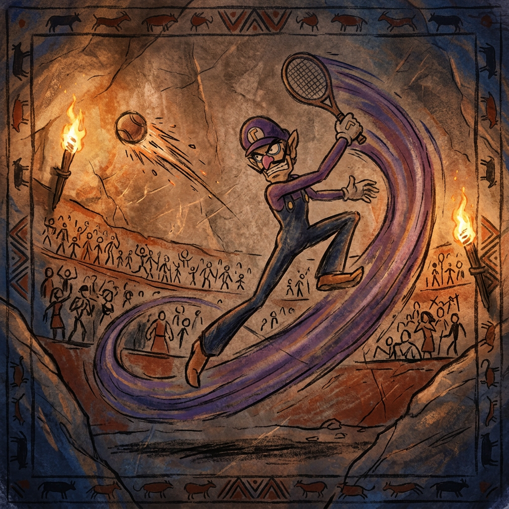 Forum avatar of Waluigi swinging a tennis racket, trailing a purple energy arc as he hits a ball in a torchlit, crowd-filled arena with a weathered stone texture backdrop.