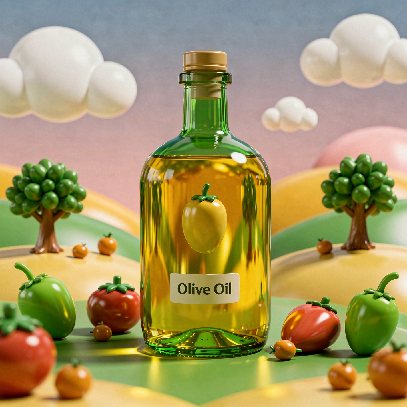 Forum avatar/pfp: a green glass olive oil bottle labeled Olive Oil centered in a whimsical landscape with olives, trees and fluffy clouds.