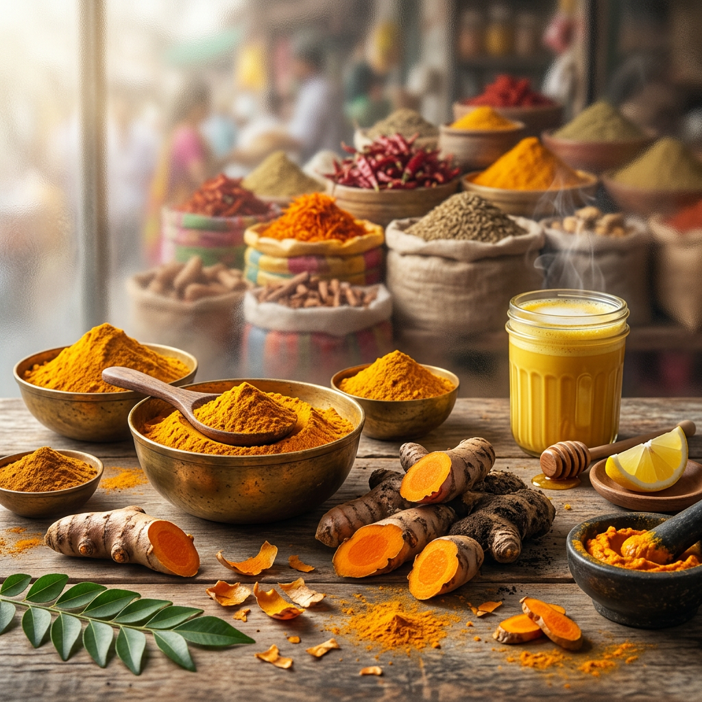 Forum avatar showing turmeric: bowls of ground turmeric, fresh sliced roots, a turmeric latte and sacks of spices blurred in a market background.