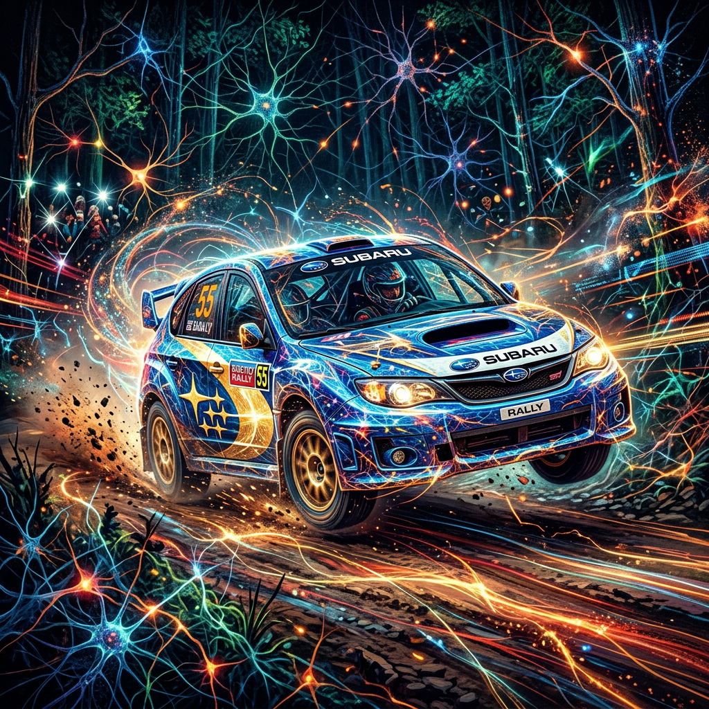 Colorful forum avatar/pfp showing a Subaru rally car mid-jump, neon energy trails and neuron-like sparks swirling across a dynamic dirt track — high-energy rallying profile image.