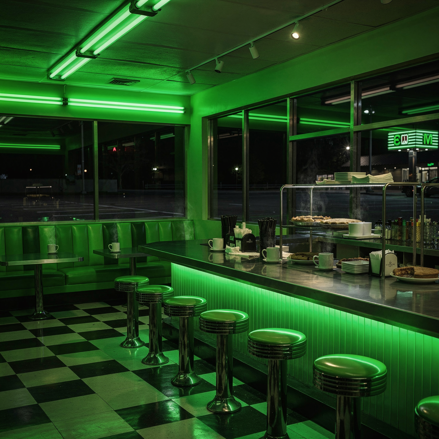 Profile avatar: neon-green retro diner interior with chrome counter stools, checkerboard floor and empty booths under glowing neon lights.
