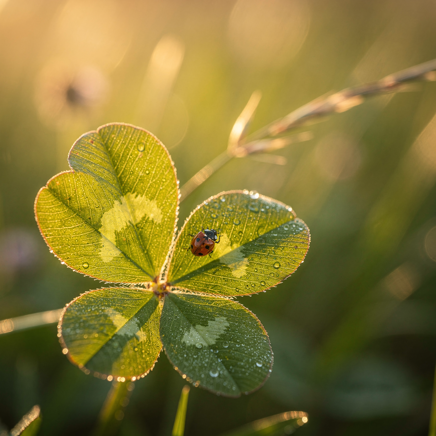 Close-up of a dew-kissed four-leaf clover with a tiny ladybug in warm morning light, presented as a forum avatar/profile photo.