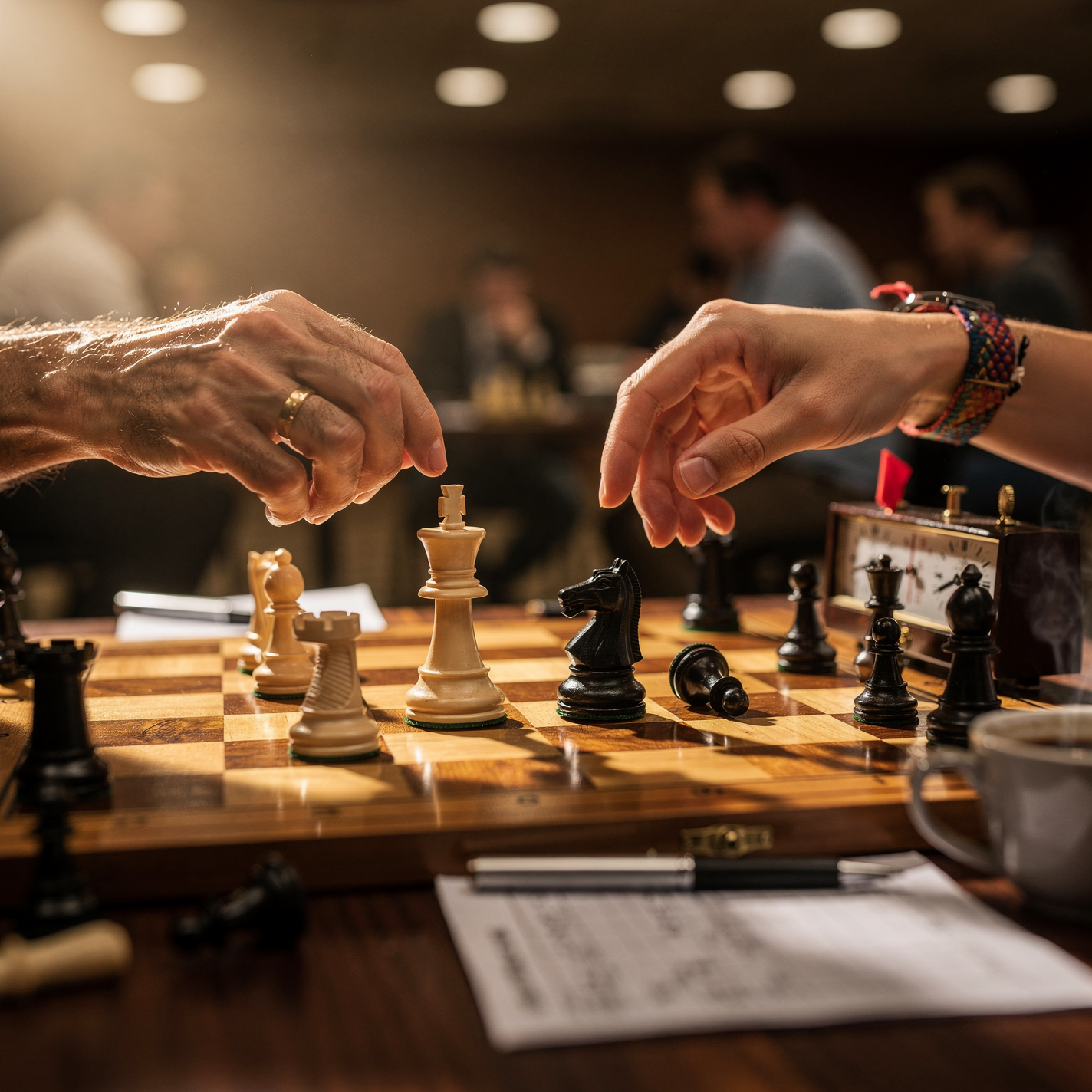 Forum avatar/pfp: warm-lit close-up of two hands moving chess pieces on a wooden board with a chess clock and score sheet visible.