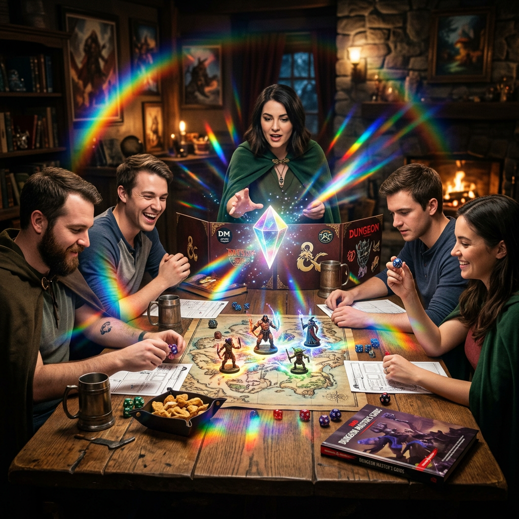Forum avatar/pfp: a Dungeons & Dragons session — players around a table as the DM conjures a glowing crystal above a map with miniatures.
