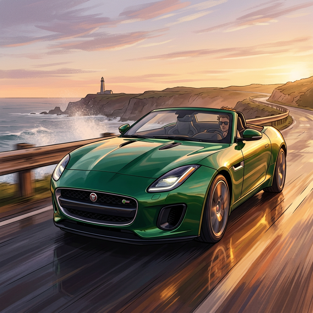 Green Jaguar convertible racing along a coastal road at sunset — stylized forum avatar/profile photo.