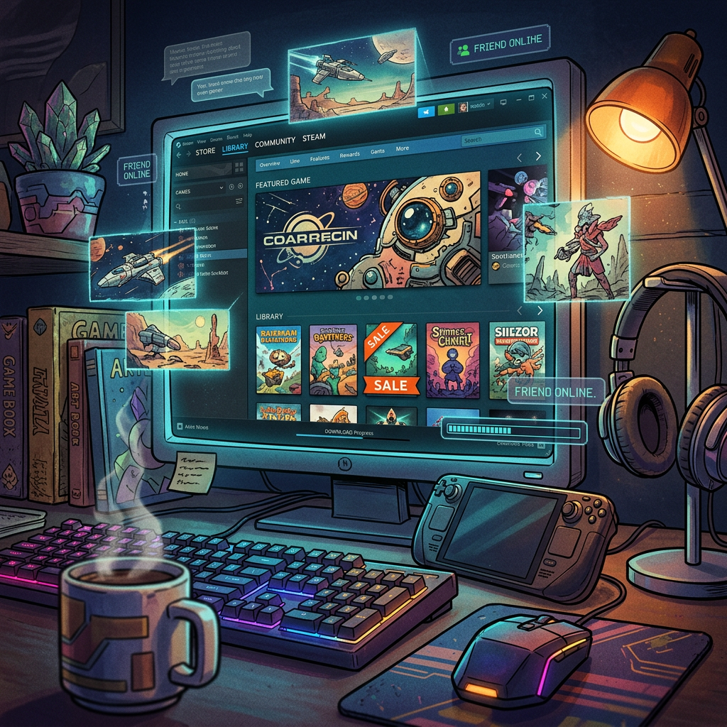 Vibrant desk illustration showing Steam (Software) storefront on a monitor, with gaming keyboard, headset, controller and mug — presented as a forum avatar/profile photo.