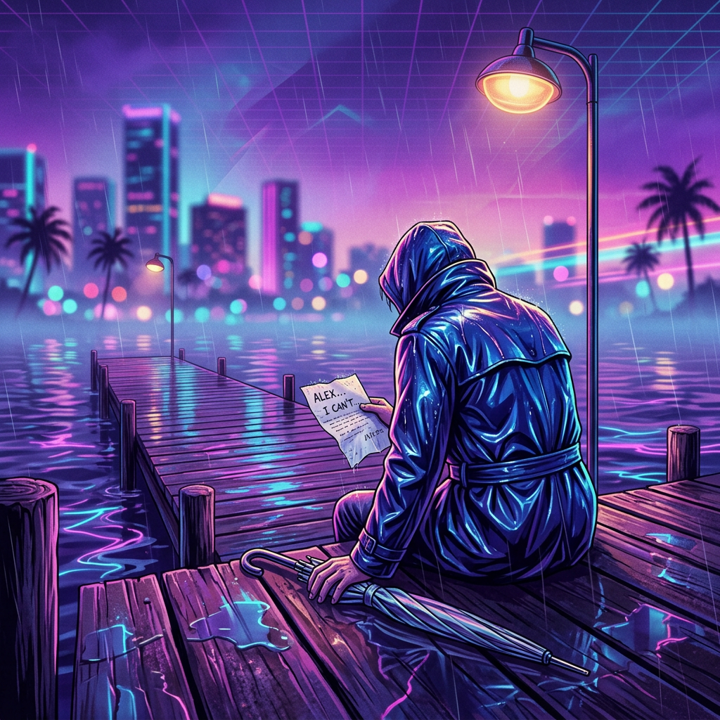 Forum avatar/pfp: hooded figure on a neon-lit rainy dock under a lamp, holding a note and umbrella — a lonely, sad mood.
